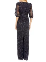 Sequined Elbow-Sleeve Column Gown