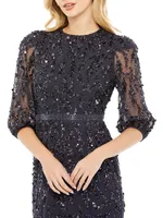 Sequined Elbow-Sleeve Column Gown