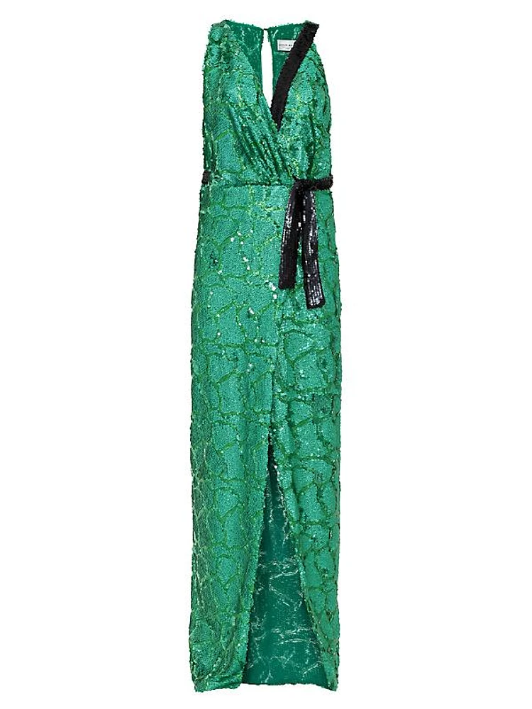 Sequined Wrap Column Gown