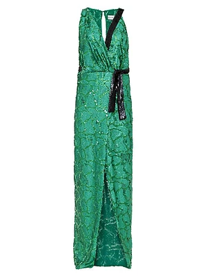 Sequined Wrap Column Gown