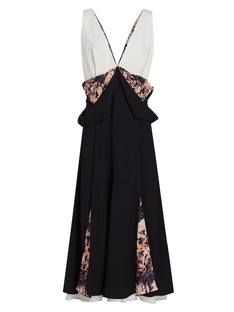 Floral Inset Two-Tone Midi-Dress