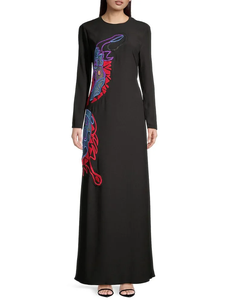 Butterfly-Embroidered Maxi Dress