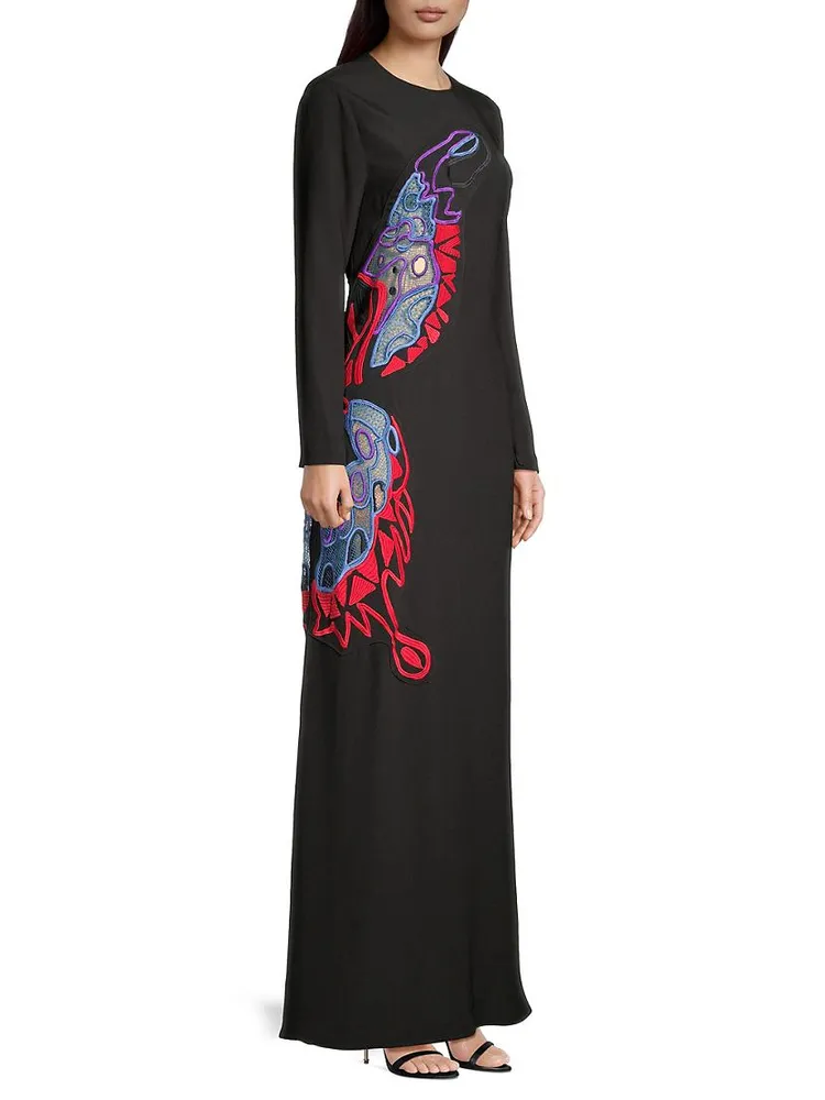 Butterfly-Embroidered Maxi Dress