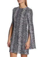 Silk Snakeskin Cape-Sleeve Minidress