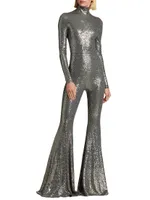 Sequined Flare-Leg Mock Turtleneck Jumpsuit