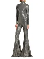 Sequined Flare-Leg Mock Turtleneck Jumpsuit