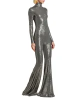 Sequined Flare-Leg Mock Turtleneck Jumpsuit