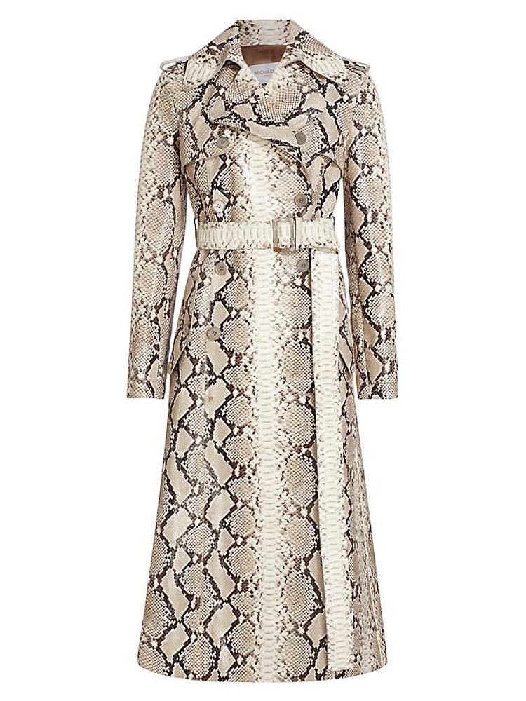 Snakeskin-Print Leather Trench Coat