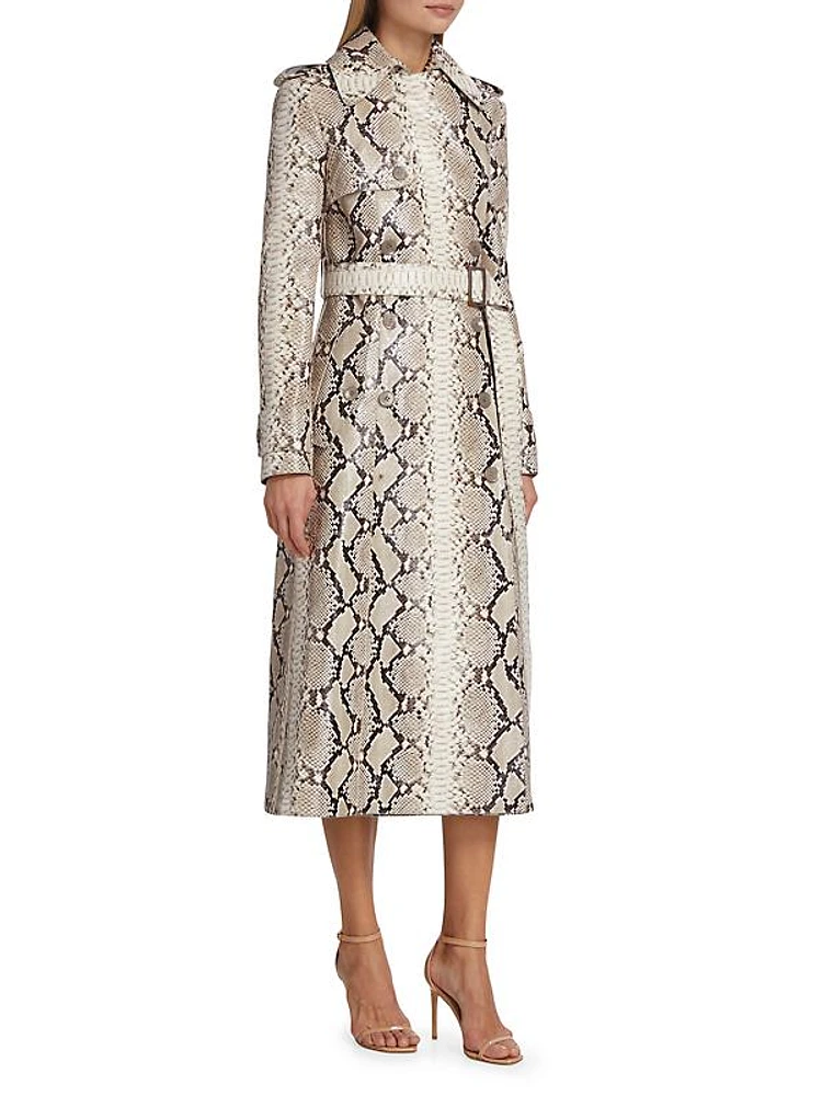 Snakeskin-Print Leather Trench Coat