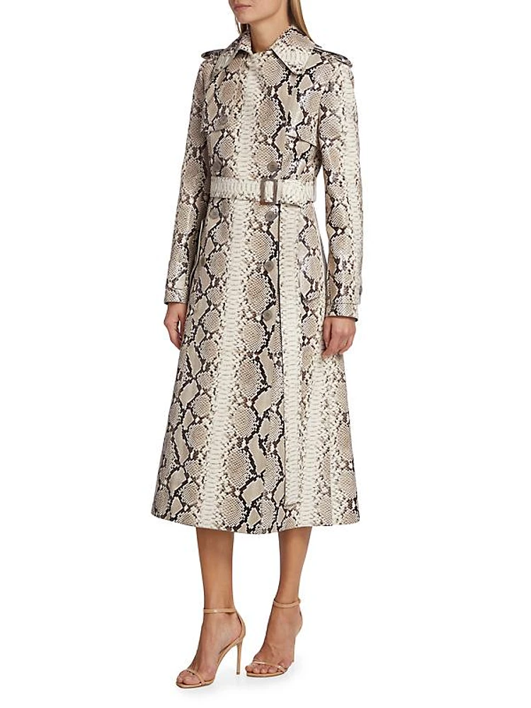 Snakeskin-Print Leather Trench Coat