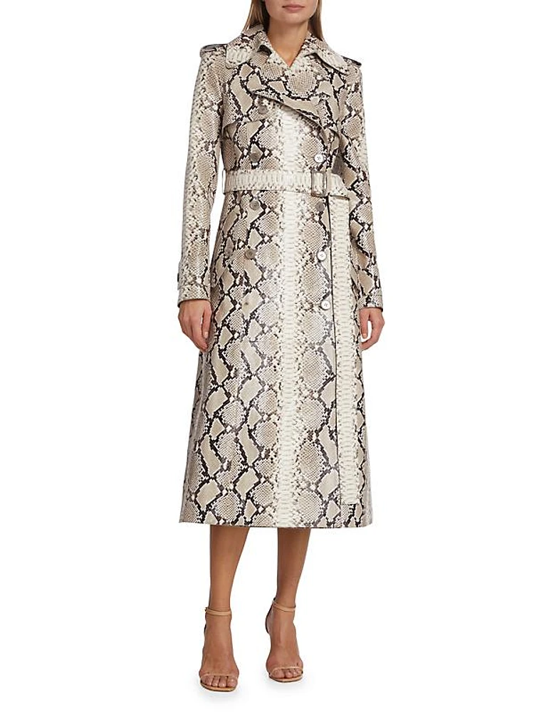 Snakeskin-Print Leather Trench Coat