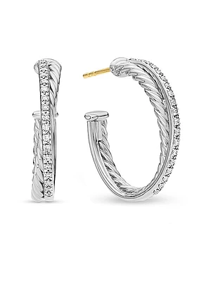 Crossover Hoop Earrings in Sterling Silver with Diamonds, 26.5mm