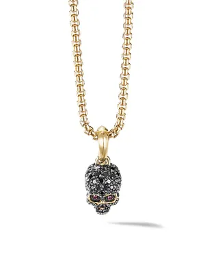 Memento Mori Skull Amulet with Full Pavé Black Diamonds, Rubies and 18K Yellow Gold