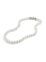 Sterling Silver & White Cultured Freshwater Pearl Necklace With Diamonds