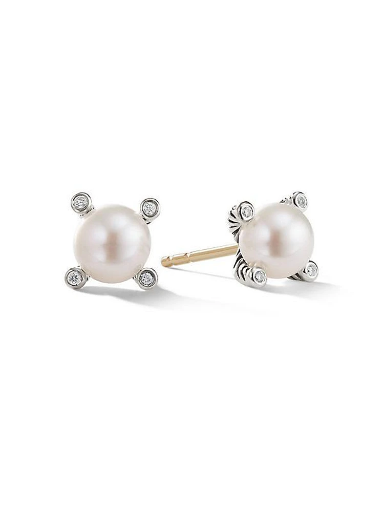 Cable Pearl Stud Earrings in Sterling Silver with Diamonds