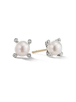 Cable Pearl Stud Earrings in Sterling Silver with Diamonds