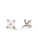 Cable Pearl Stud Earrings in Sterling Silver with Diamonds