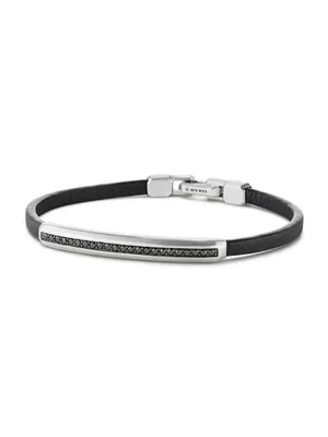 Streamline ID Black Leather Bracelet With Pavé Diamonds & Sterling Silver