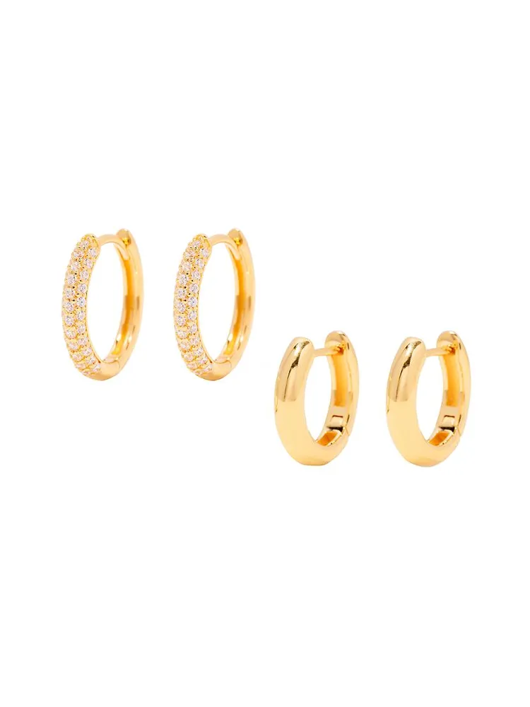 Cecile 14K-Yellow-Gold Vermeil & Cubic Zirconia 2-Pair Huggie Hoop Earrings Set