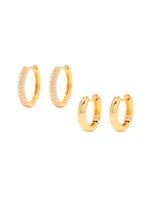 Cecile 14K-Yellow-Gold Vermeil & Cubic Zirconia 2-Pair Huggie Hoop Earrings Set