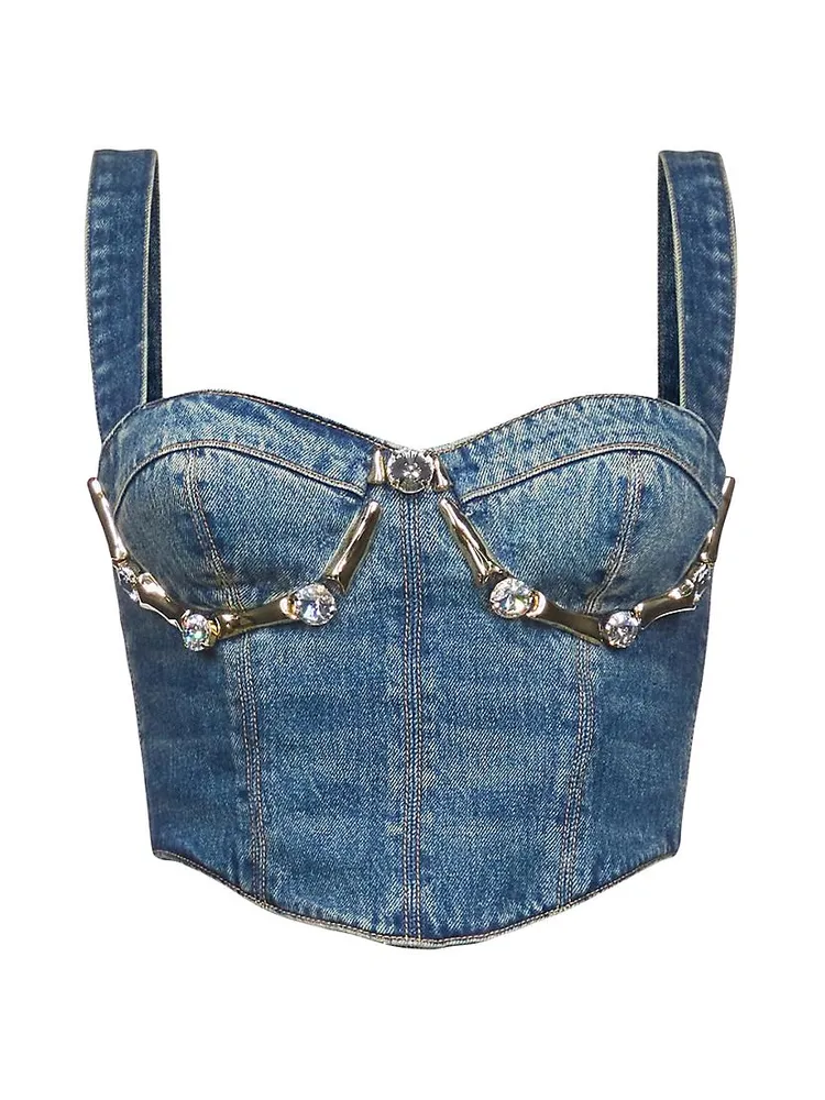 Metal & Crystal-Embellished Denim Bustier Top