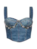 Metal & Crystal-Embellished Denim Bustier Top