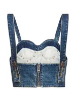 Metal & Crystal-Embellished Denim Bustier Top