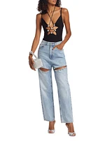 Crystal-Embellished Slit Jeans