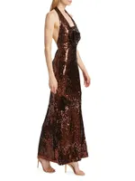 Grayson Sequin Appliqué Halter Gown