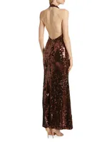 Grayson Sequin Appliqué Halter Gown