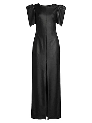 Puff-Sleeve Faux Leather Gown