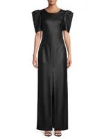 Puff-Sleeve Faux Leather Gown