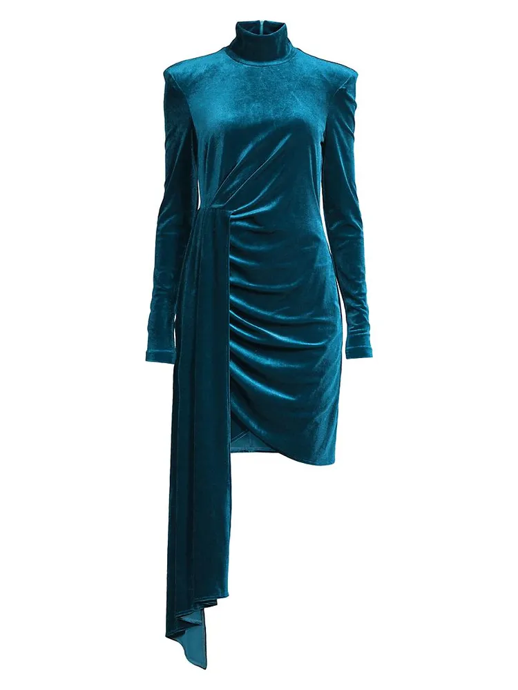 Side-Drape Velvet Long-Sleeve Minidress