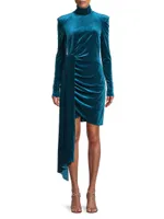 Side-Drape Velvet Long-Sleeve Minidress