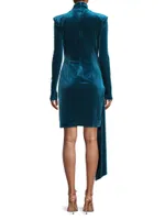 Side-Drape Velvet Long-Sleeve Minidress