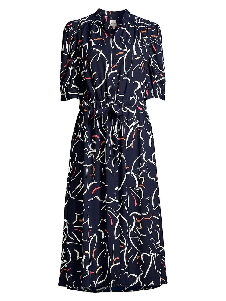 Doodle Clouds Printed Drawstring Midi-Dress