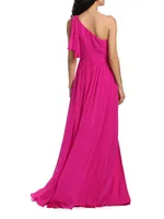 Verge Pleated One-Shoulder Gown