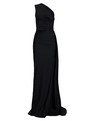 Black Pearl Asymmetric Ruched Jersey Gown