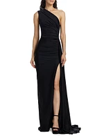 Black Pearl Asymmetric Ruched Jersey Gown