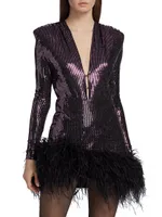 Kyoto Sequin Feather-Trim Minidress