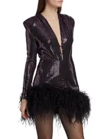 Kyoto Sequin Feather-Trim Minidress