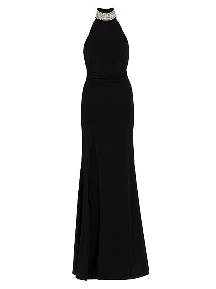 Izzy Embellished Jersey Halter Gown