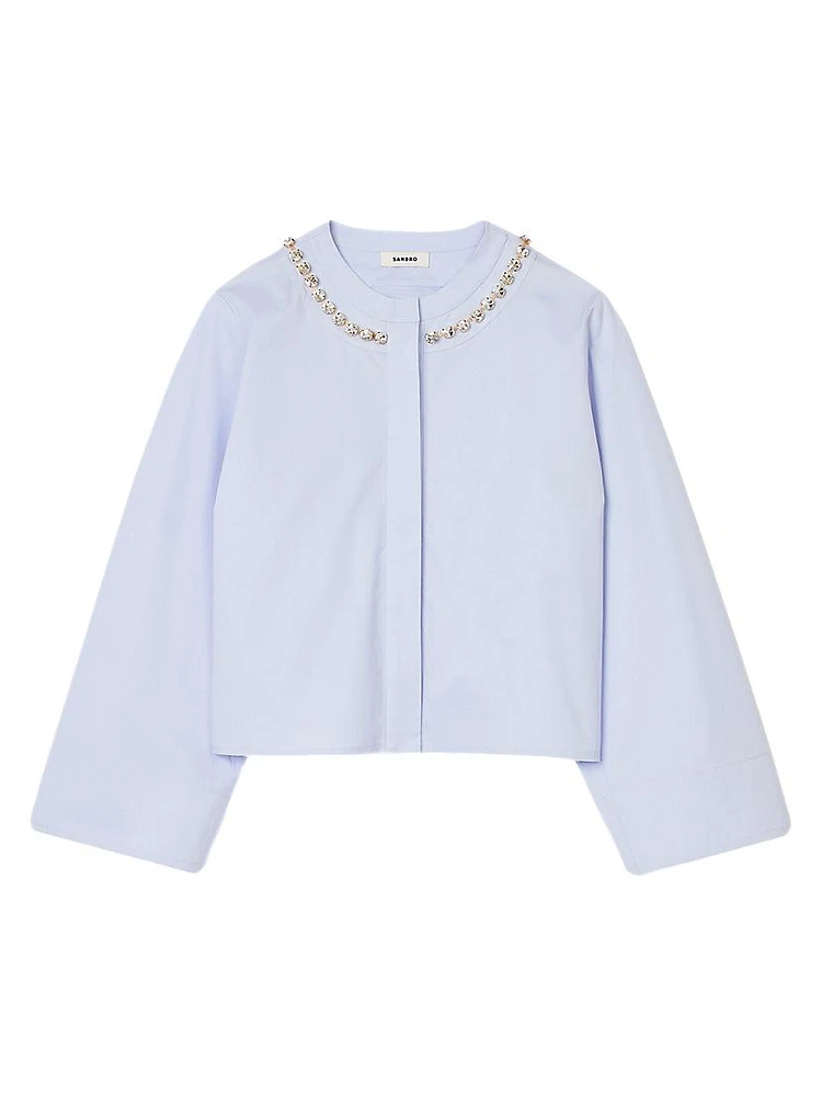 Cropped Shirt with Jewel Trim Collar