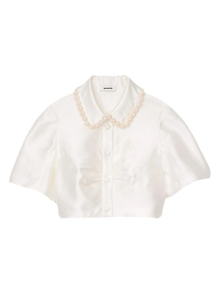 Beaded Satin-Effect Cropped Shirt