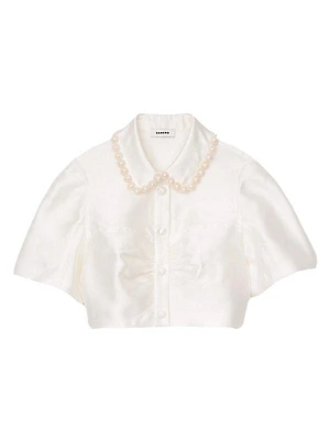 Beaded Satin-Effect Cropped Shirt