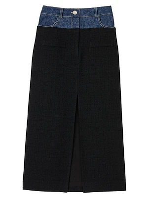 Dual-Material Denim and Tweed Skirt