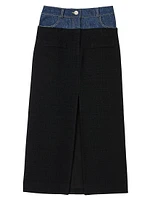 Dual-Material Denim and Tweed Skirt