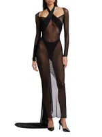 Sheer Mesh Bustled Gown