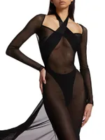 Sheer Mesh Bustled Gown