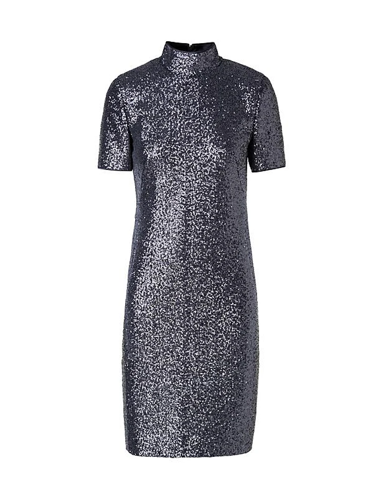 Sequin Mock Turtleneck Knee-Length Dress